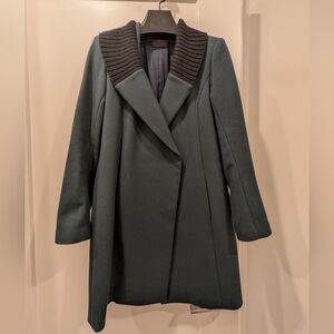 Theory Dark Teal Blue Green Black Ribbed Collar Wool Cashmere Blend Coat Sz XS P